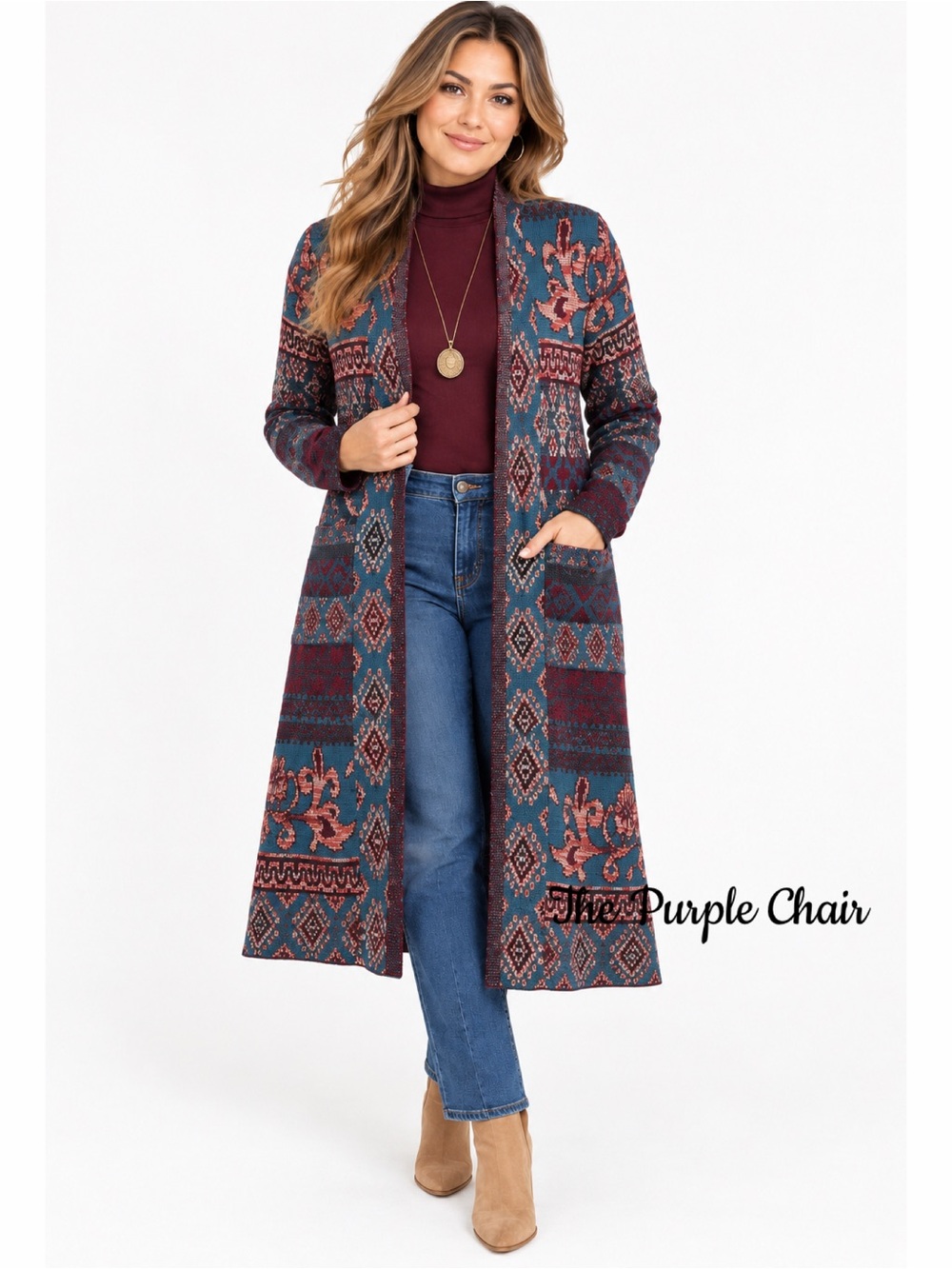 CHICOS Long Sleeve Tapestry-Jacquard Shimmer Open Front Longline Cardigan